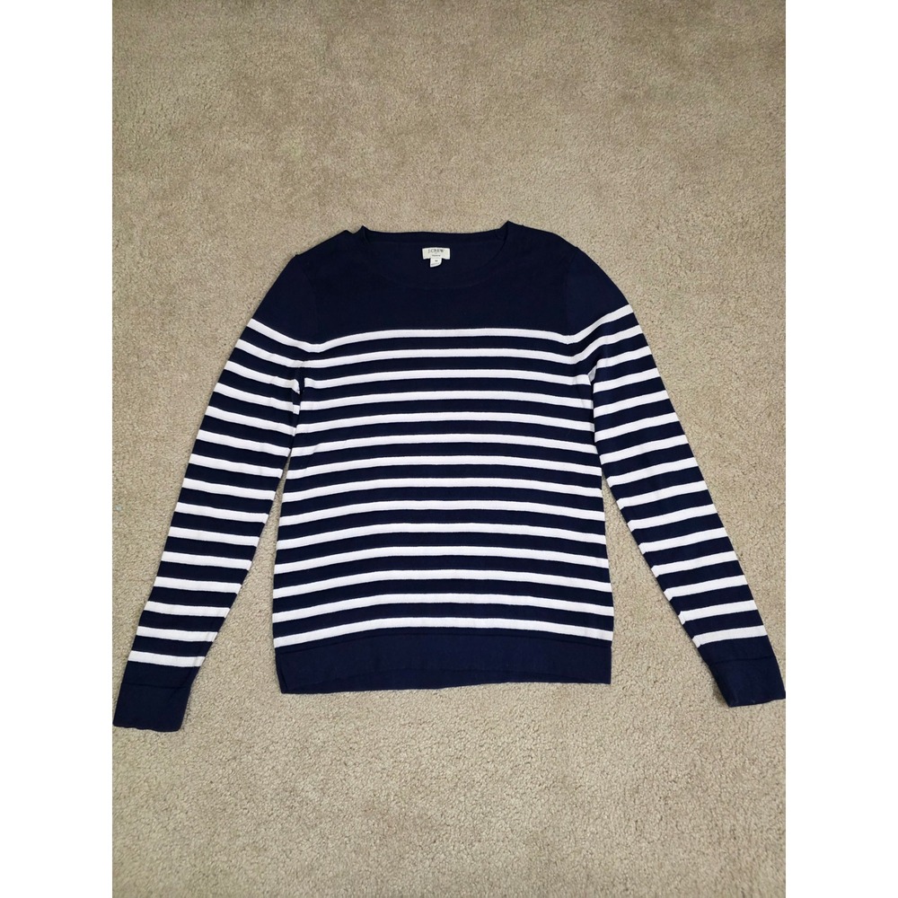 J.Crew Teddie Sweater Womens Medium Navy Blue White Striped Cotton Crew Neck